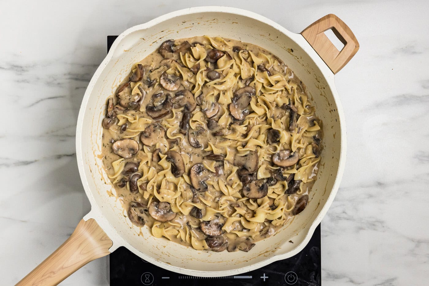 finished Mushroom Stroganoff in skillet