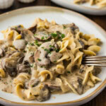 close up of plate of Mushroom Stroganoff