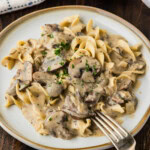 Mushroom Stroganoff on plate with fork