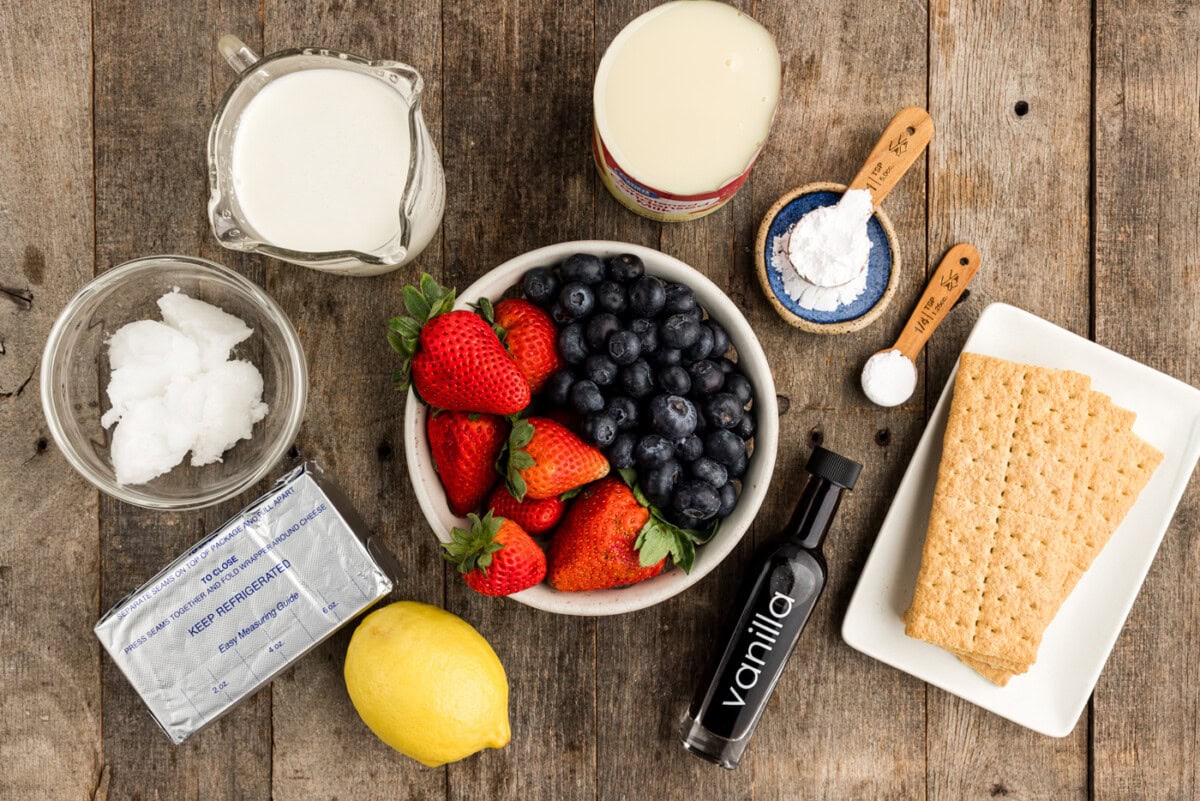 ingredients for No Bake Berry Cheesecake Trifle in Mason Jars