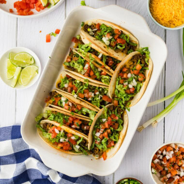overhead photo of oven tacos in pan