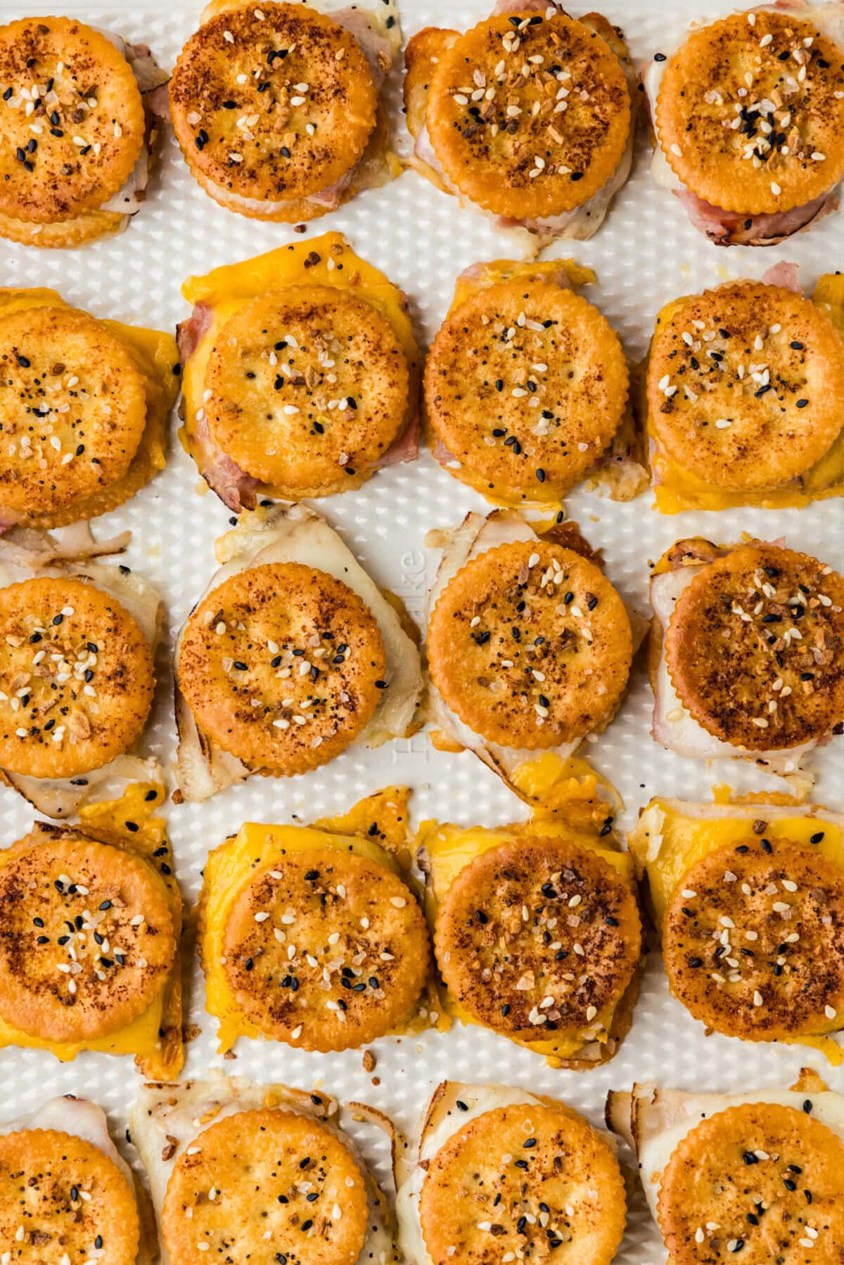 close up of Ritz Cracker Party Sandwiches on tray