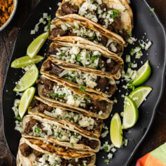 overhead view of Steak Soft Tacos on platter