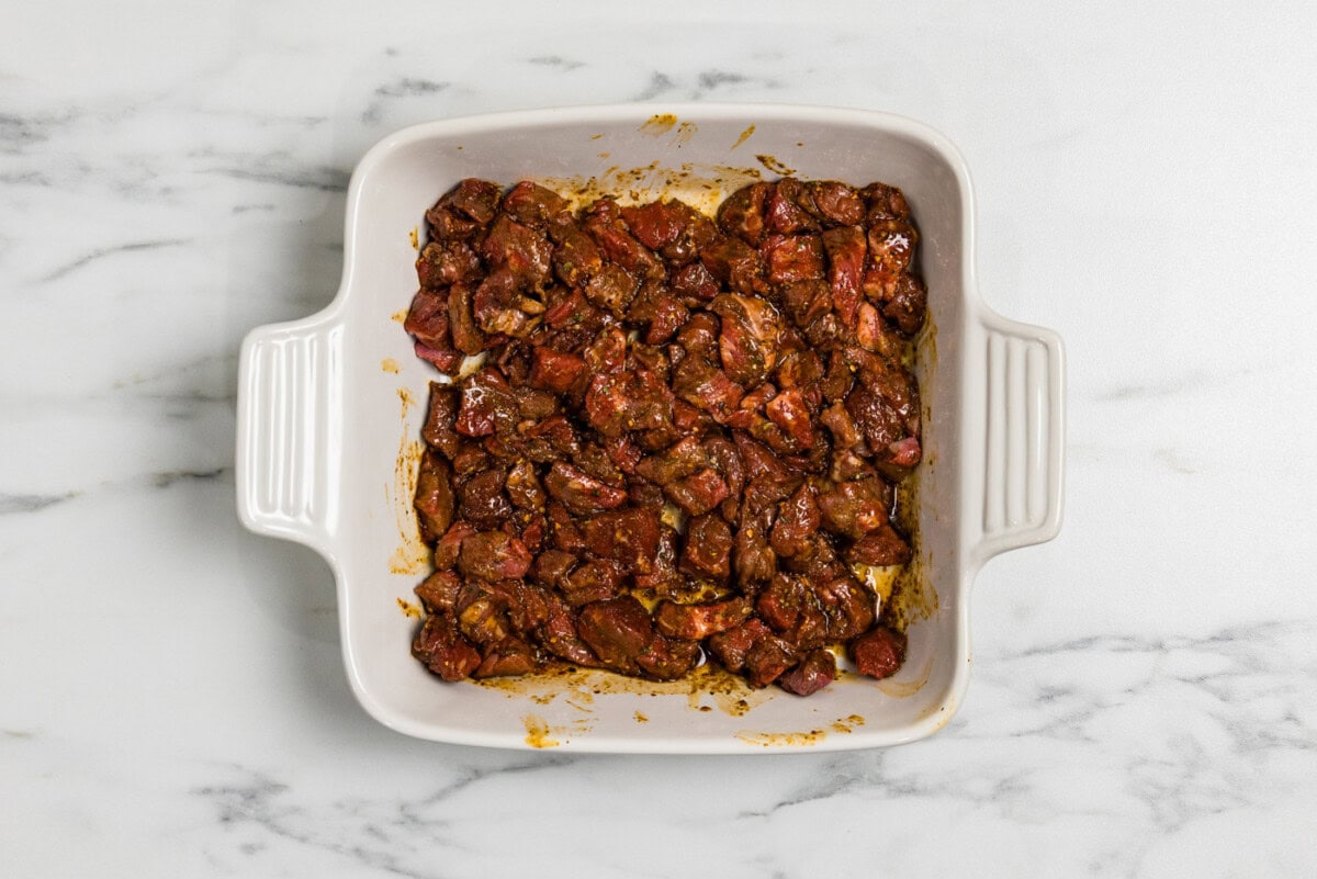 marinated steak cubes in dish