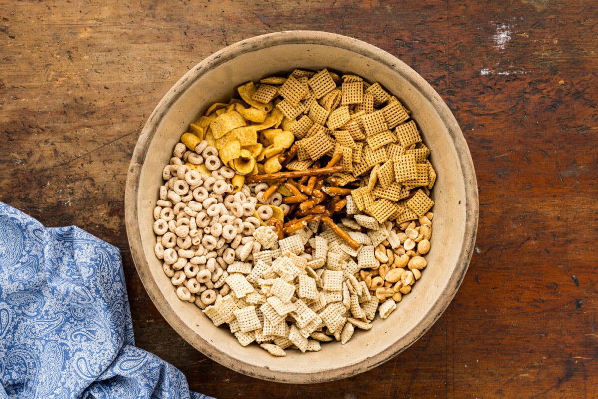 Taco Chex Mix ingredients in a bowl