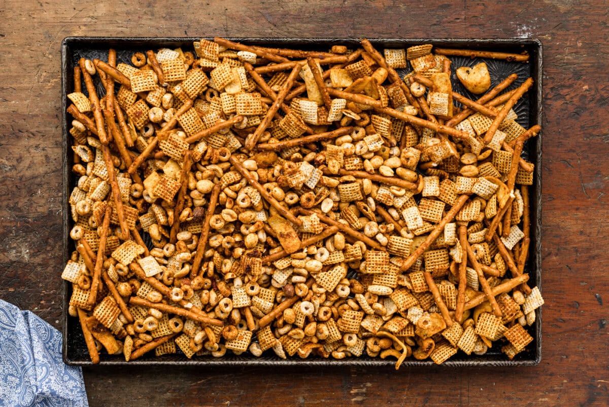 Taco Chex Mix on a pan