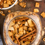 overhead photo of Taco Chex Mix in jar