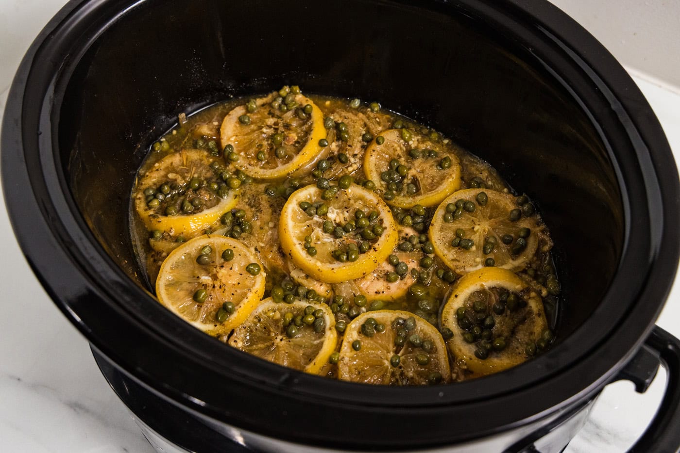 cooked Crockpot Lemon Chicken in slow cooker