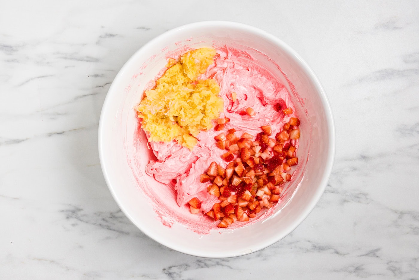 Strawberry Fluff Salad ingredients in bowl