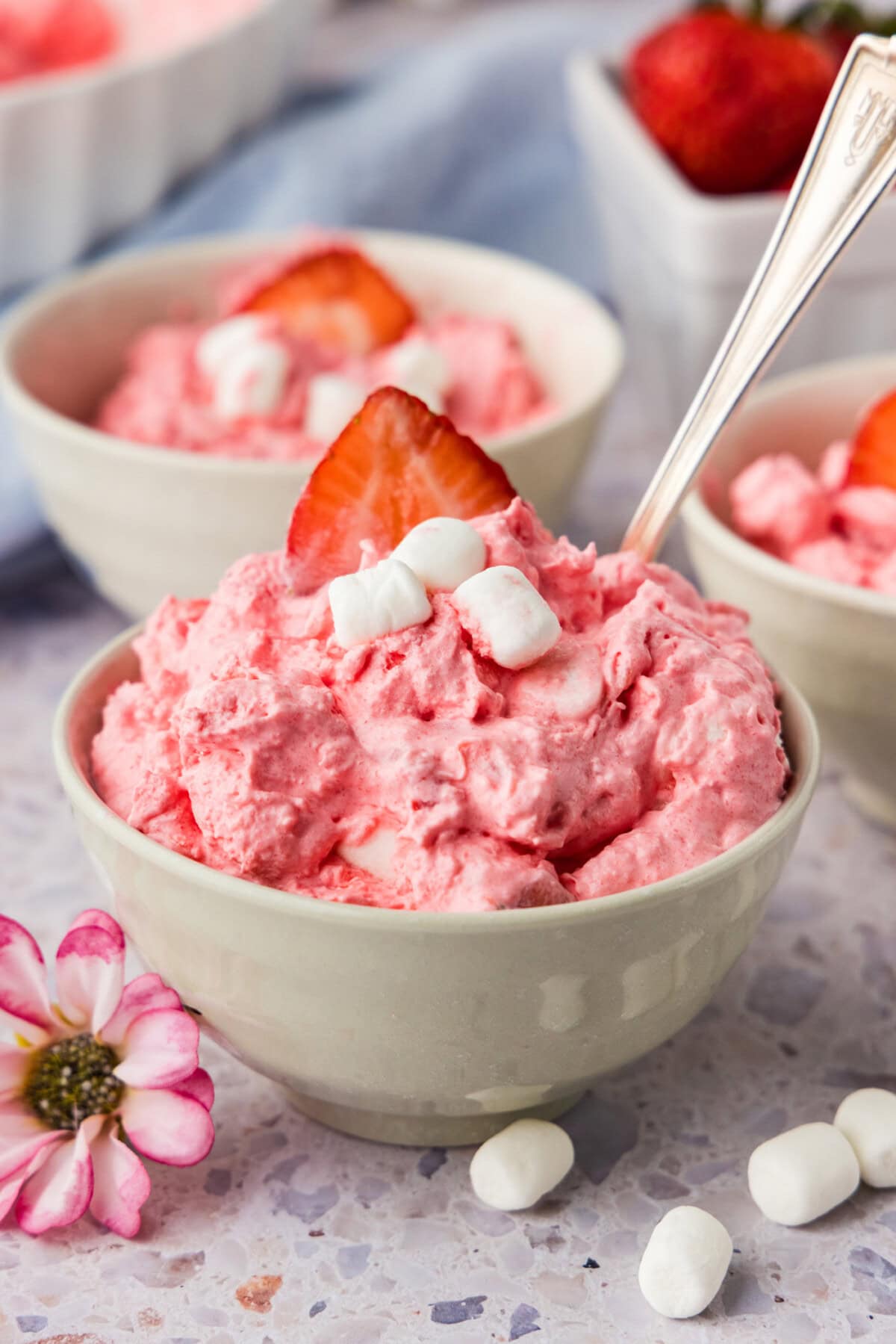 Strawberry Fluff Salad in bowl with spoon