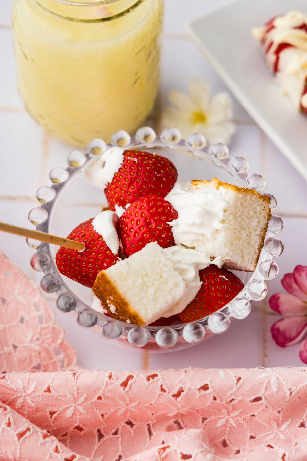 deconstructed Strawberry Shortcake Kabob in a bowl