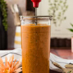 side view of antique mixing jar with Baja Marinade in it