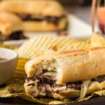 bite out of a Crockpot French Dip Sandwich