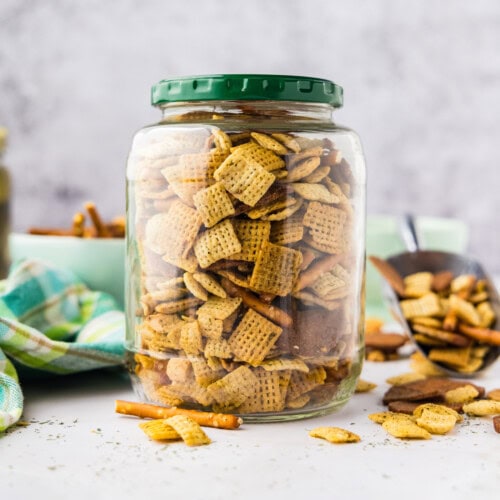 pickle jar full of dill pickle chex mix