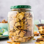 pickle jar filled with Dill Pickle Chex Mix