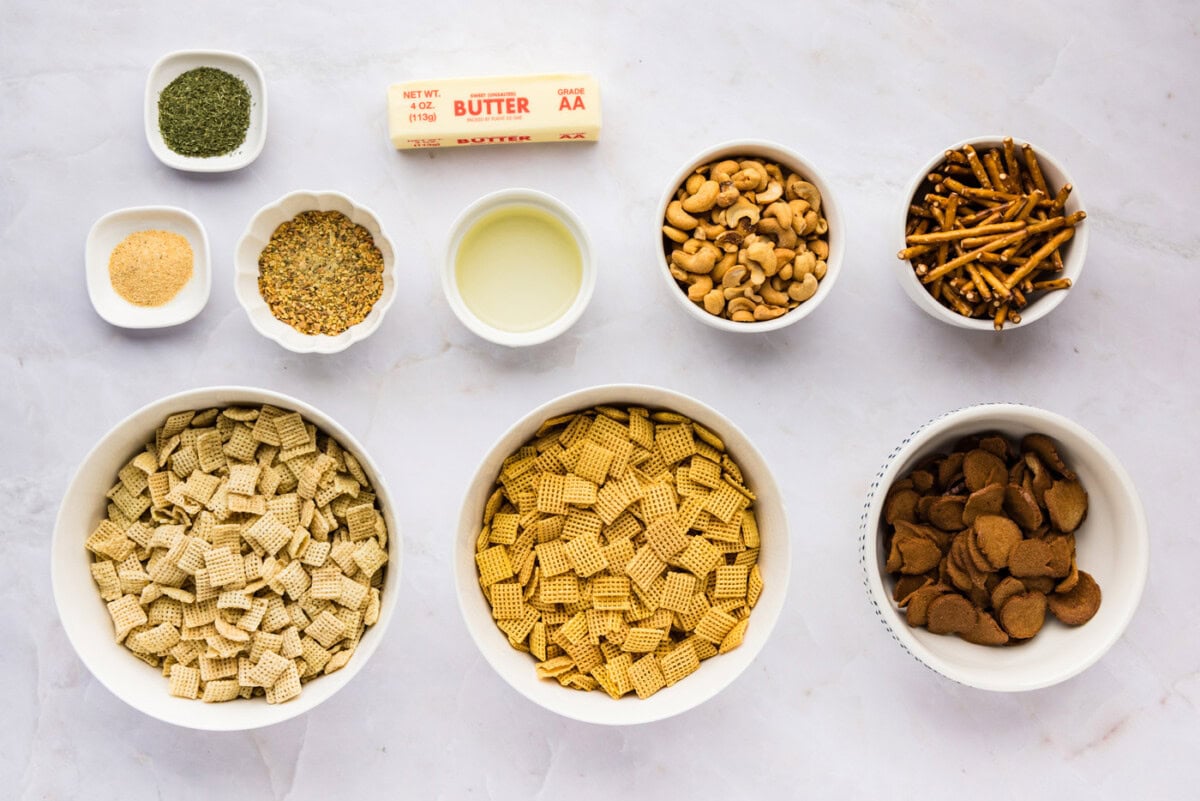 ingredients for the best Dill Pickle Chex Mix