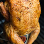 close up of smoked beer can chicken