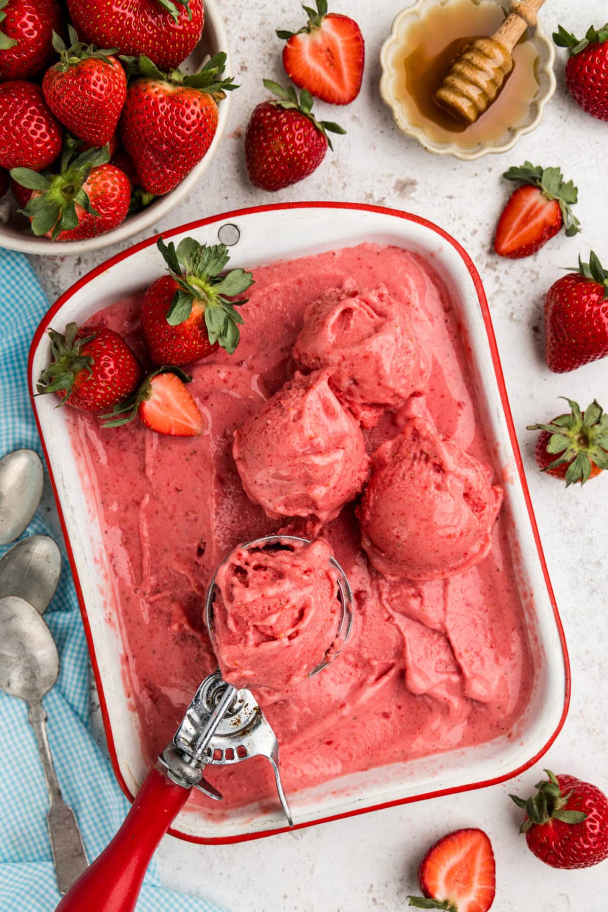 overhead photo of Strawberry Frozen Yogurt with scoops