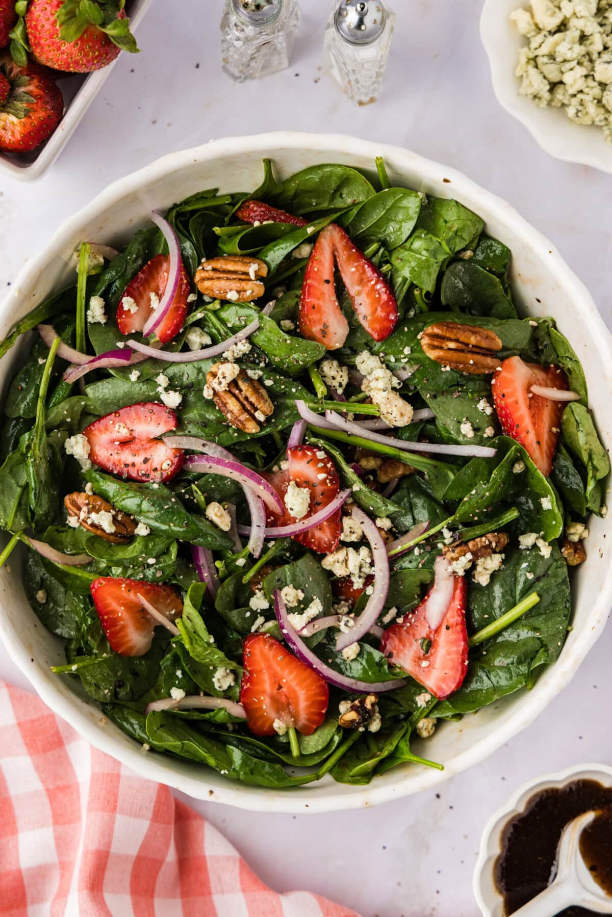 close up of large bowl of Strawberry Spinach Salad