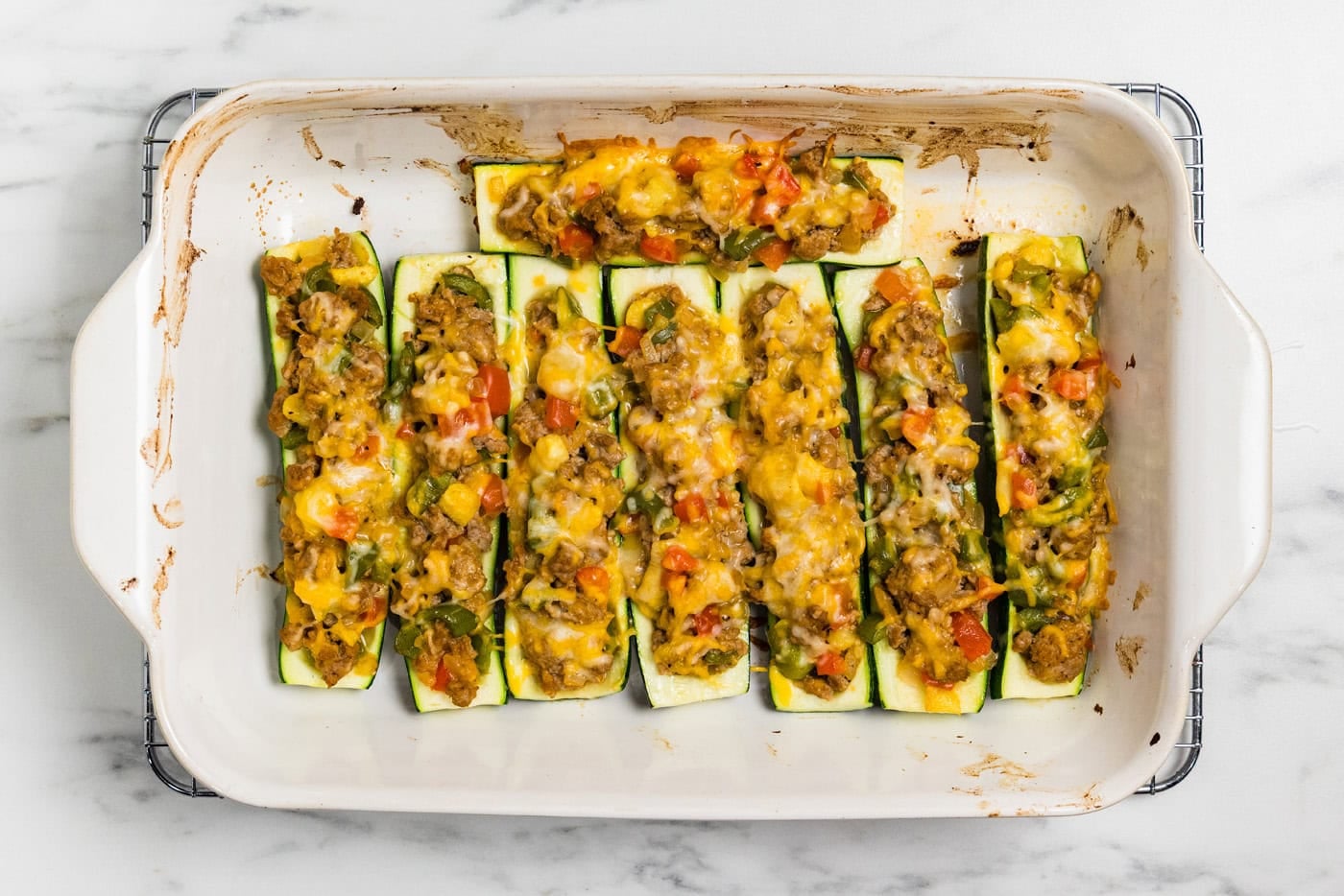 Stuffed zucchini boats out of the oven