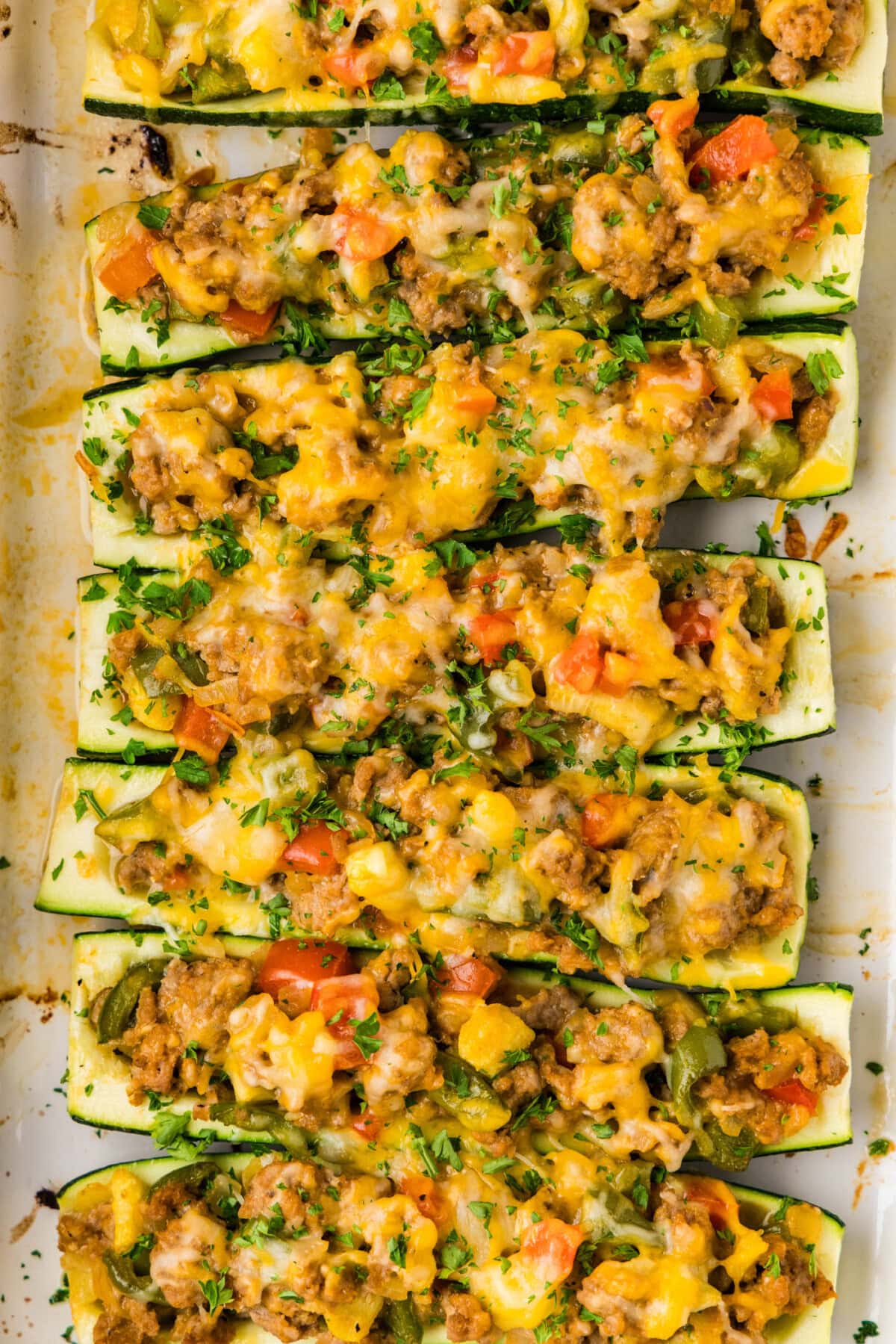 overhead view of Stuffed zucchini boats