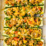 overhead view of Stuffed zucchini boats