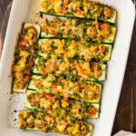 overhead view of Stuffed zucchini boats in pan