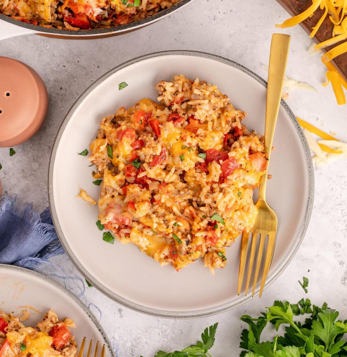 stuffed pepper ground beef casserole on a plate with a fork