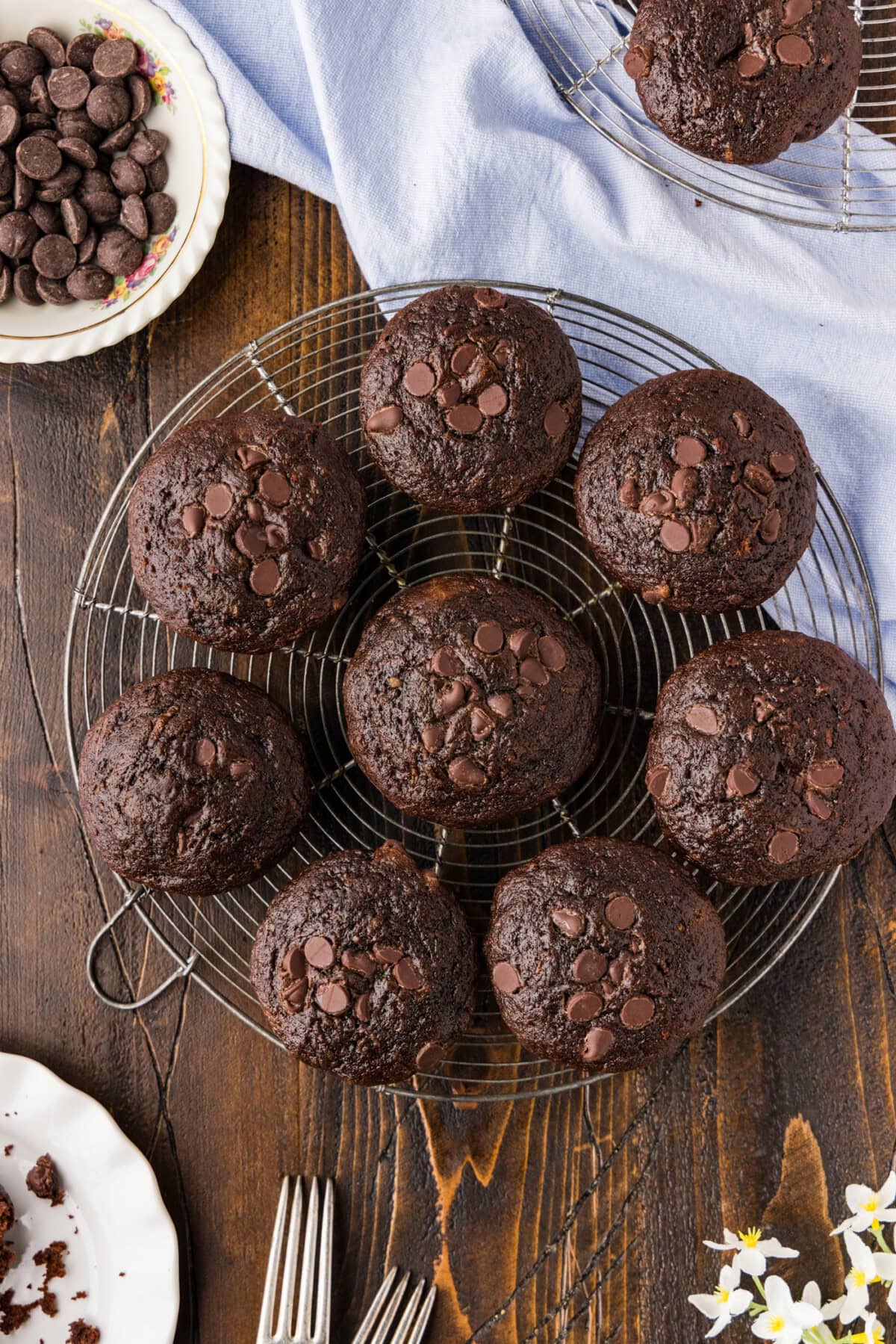 Double Chocolate Zucchini Muffins in round wire rack