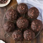 Double Chocolate Zucchini Muffins in round wire rack