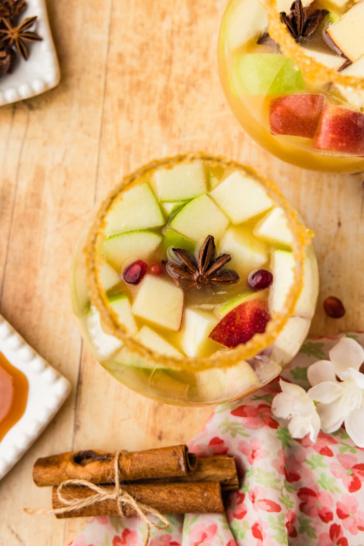 overhead view of a glass of Apple Cider Sangria