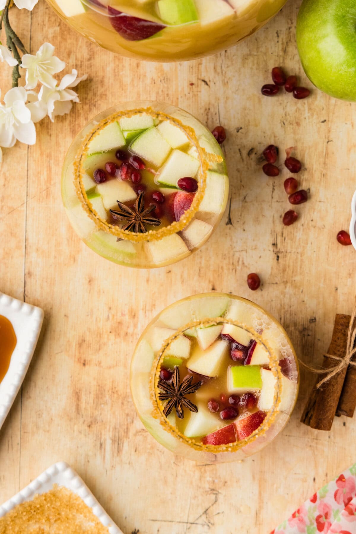 overhead view of two glasses of Apple Cider Sangria
