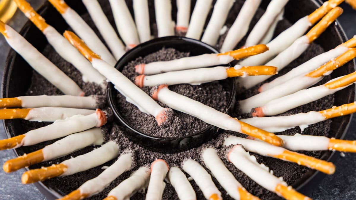 Halloween Cigarette Pretzels in an "ashtray" of Oreo crumbs