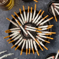 overhead view of Halloween Cigarette Pretzels in a fake ashtray