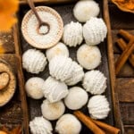 tray of drizzled white chocolate coated Pumpkin Truffles